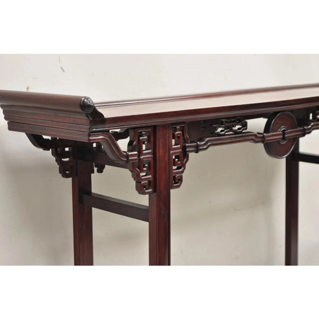 Vintage Chinese Oriental Fretwork Carved Hardwood Altar Console Hall Table For Sale - Image 10 of 12