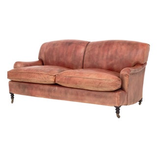 George Smith Red Leather Two-Seat Club Sofa For Sale