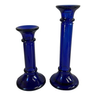 Vintage Cobalt Blue Glass Candlesticks - a Pair For Sale
