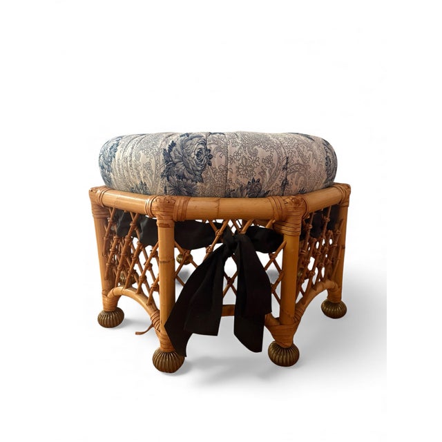 Rare and darling Mackenzie Childs rattan ottoman/foot stool with blue and white floral cushion. Metal feet and black...