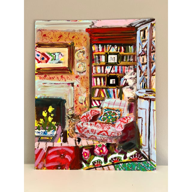 Large painting of an interior inspired by a pretty rainbow of colors, and myriad patterns. Painterly and expressionistic,...