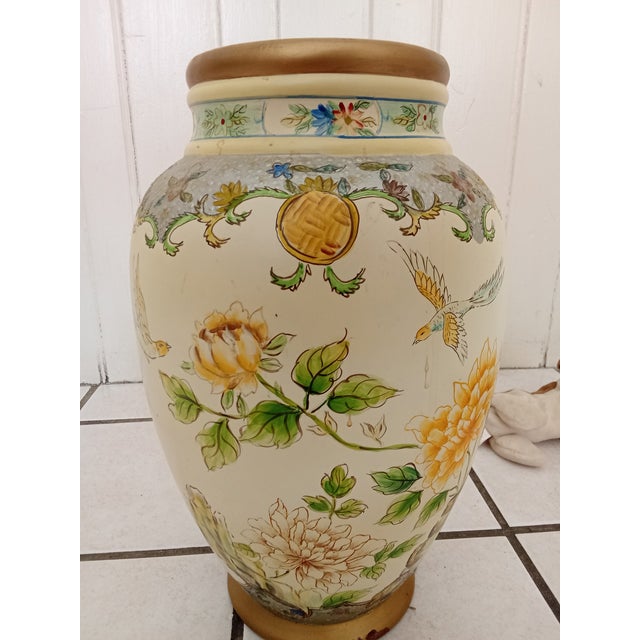 1930s Antique Toyo Satsuma Textured Hand Painted Elegant Flying Birds Vase 13 Inches For Sale - Image 5 of 9