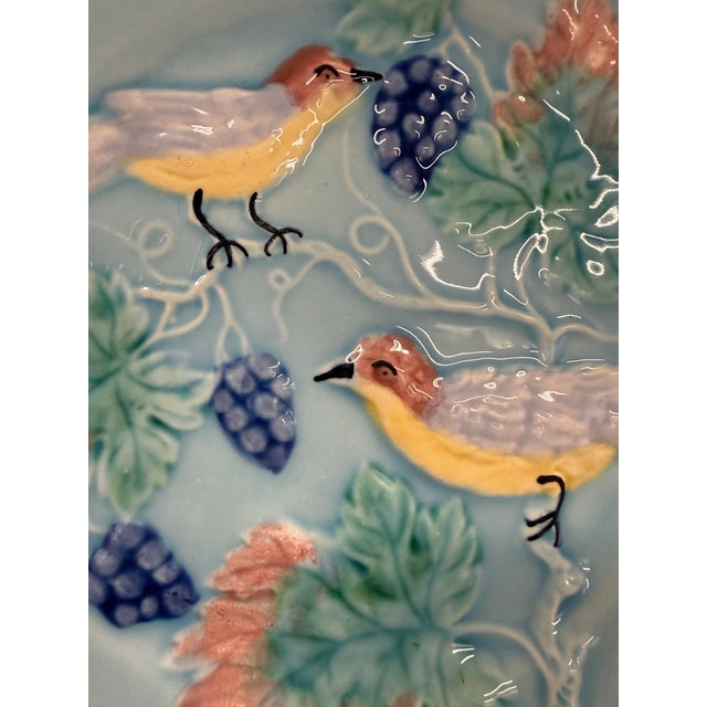 Mid 20th Century Majolica Plate | Bluebirds & Blackberries | Powder Blue Ceramic Wall Plate For Sale - Image 4 of 6