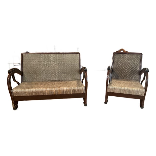 Early 20th Century Imported Rare Teak Art Deco Teardrop Loveseat & Chair For Sale