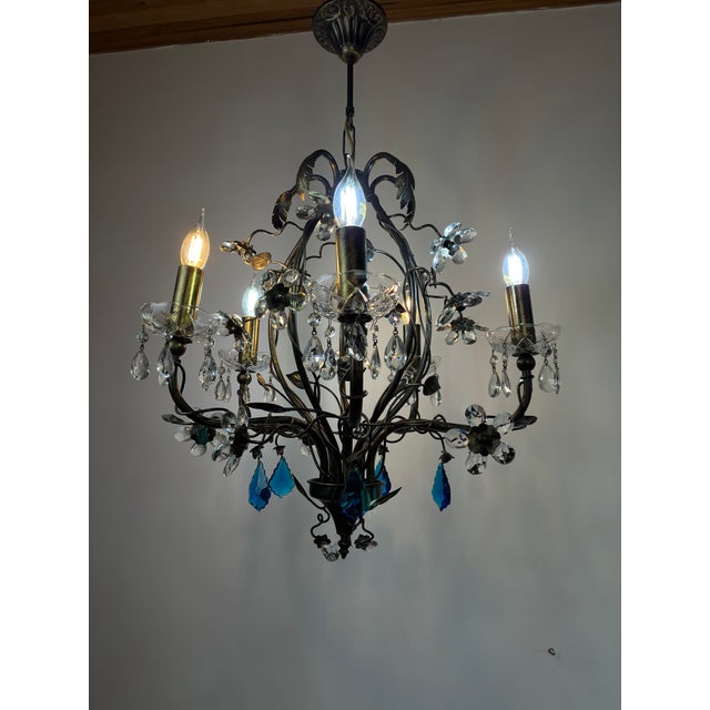 Art Deco Large Vintage 1990s Wrought Iron Floral Chandelier With Crystal Flowers & Aqua Blue Stones Details For Sale - Image 3 of 17