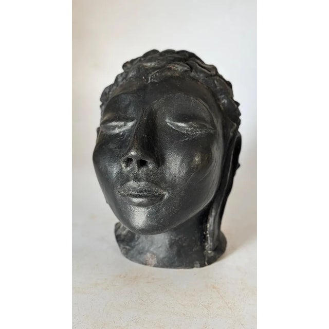 Ceramic Art Deco Terracotta Sculpture in Black Color Woman Head, France, 1940s For Sale - Image 7 of 9