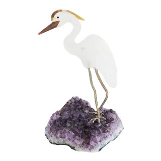 Rock Crystal and Agate Bird Sculpture on Amethyst Base For Sale