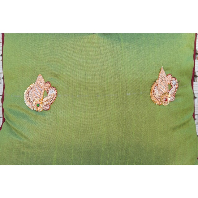 Indian Green Peacock Sage Silk Blend Pillow Cover For Sale - Image 3 of 4