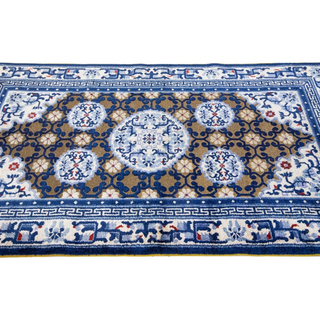 1920's Chinese Peking Wool Rug Handmade With Allover Motif in Brown & Blue For Sale In New York - Image 6 of 7