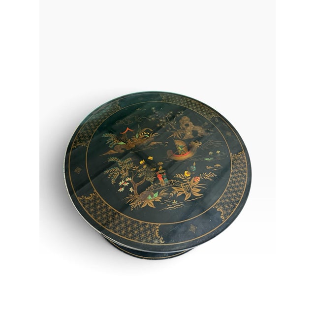 Wood Vintage Chinoiserie Black Lacquer Round Two-Tier Side Table With Glass Top For Sale - Image 7 of 10