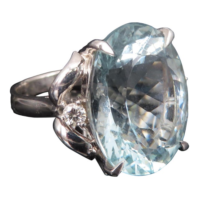 Late 20th Century Vintage 16.36ct Natural Aquamarine 0.20ct Diamond Platinum Ring, Size 8 For Sale
