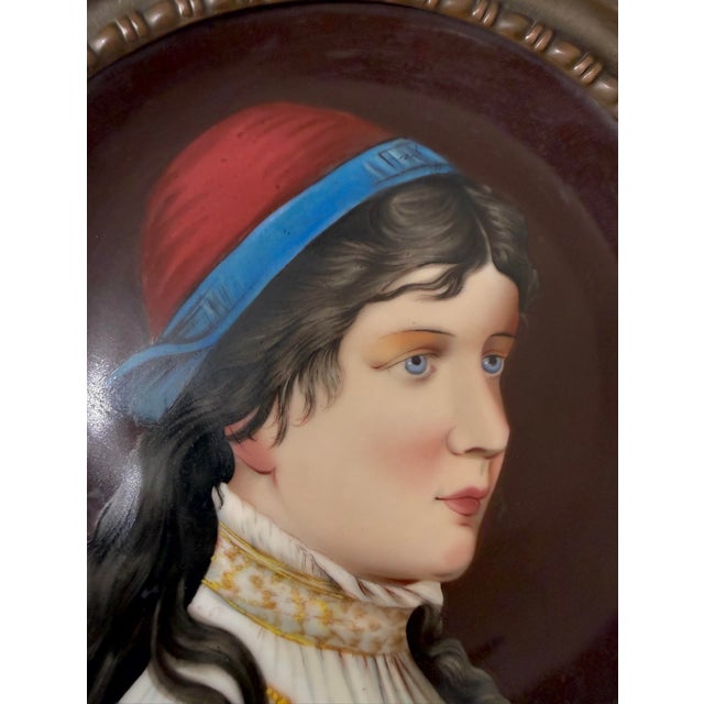 19th Century Antique 1800s Painted Porcelain Bronze Portrait Lady Decorator Collectible Plate For Sale - Image 5 of 12