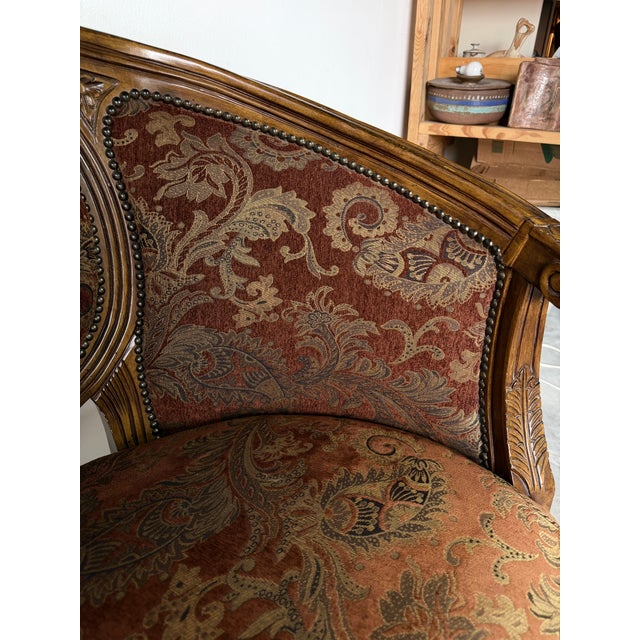 Wood Vintage Louis XVI Style Curved Barrel Back Loveseat With Nailhead Trim For Sale - Image 7 of 17