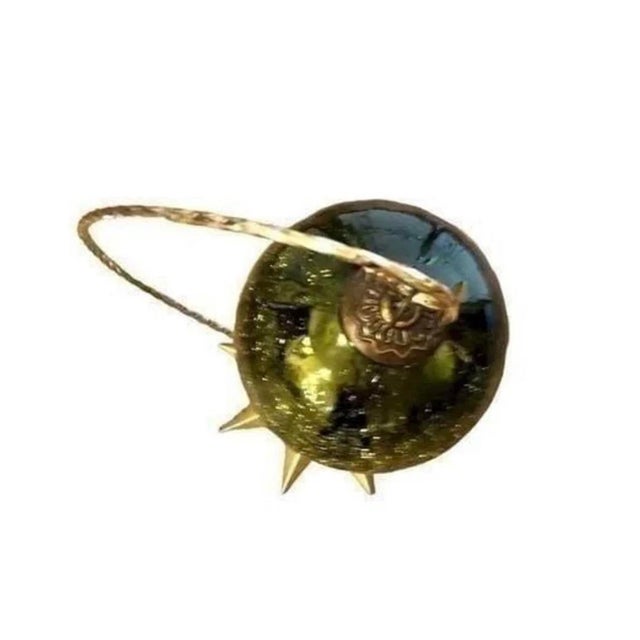 Rustic European Vintage German Large Glass Hanging Ball Ornament on Gold Star Stand For Sale - Image 3 of 7