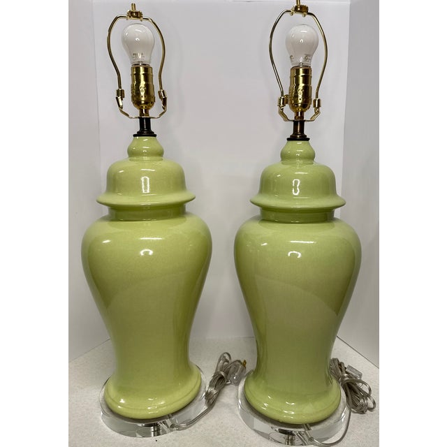This pair of ginger jar lamps are a soft lemongrass. color, which makes this pair unusual and unique. Ginger jar lamps...