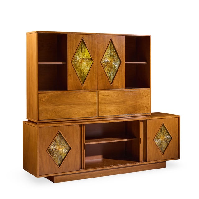 John Keal for Brown Saltman Style Mid Century Walnut Tambour Door Credenza and Hutch The credenza measures: 84 wide x 20...