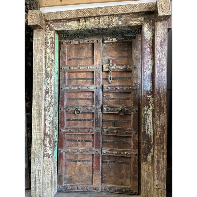 1920s Antique Indian Door With Frame | Rustic Farmhouse Entryway Door in Reclaimed Wood For Sale - Image 5 of 6