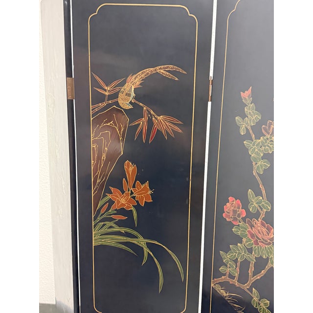 Black Chinese Black Lacquer Four-Panel Folding Screen + Soapstone Inlay, Vintage For Sale - Image 8 of 12