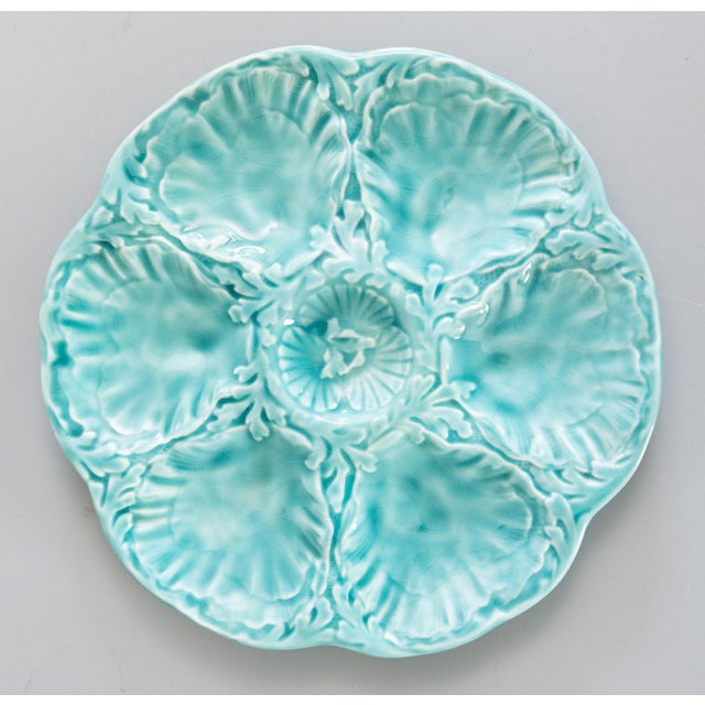 Ceramic Vintage French Gien Turquoise Majolica Oyster Plate For Sale - Image 7 of 7