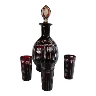 1940s Dark Red Cut to Clear Decanter Plus Three Small Cups For Sale