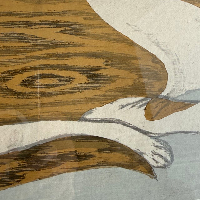 Wood Mid-Century Jun’ichirō Sekino Signed Japanese Woodblock Print of a Reclining Cat, Framed For Sale - Image 7 of 9