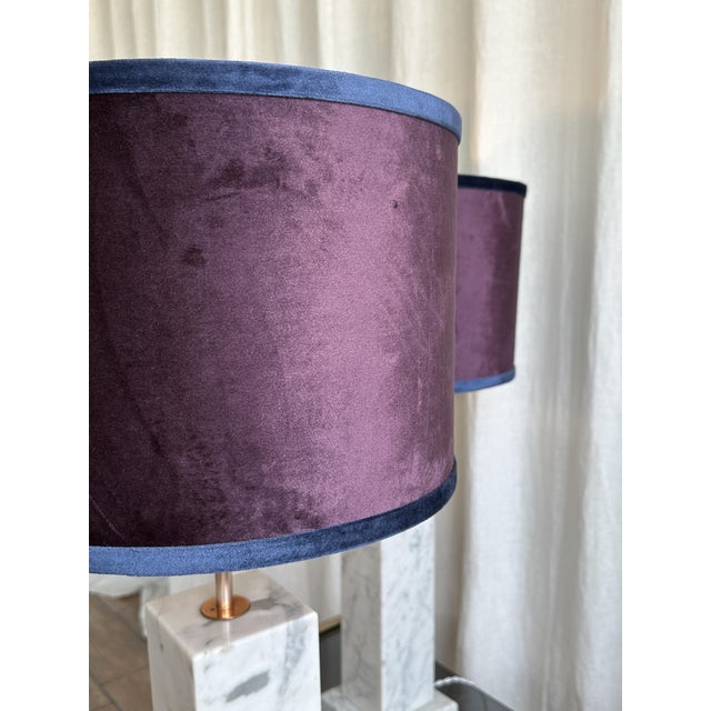 Cream Large Marble and Copper Table Lamps with Velvet Shade, 1980s, Set of 2 For Sale - Image 8 of 18