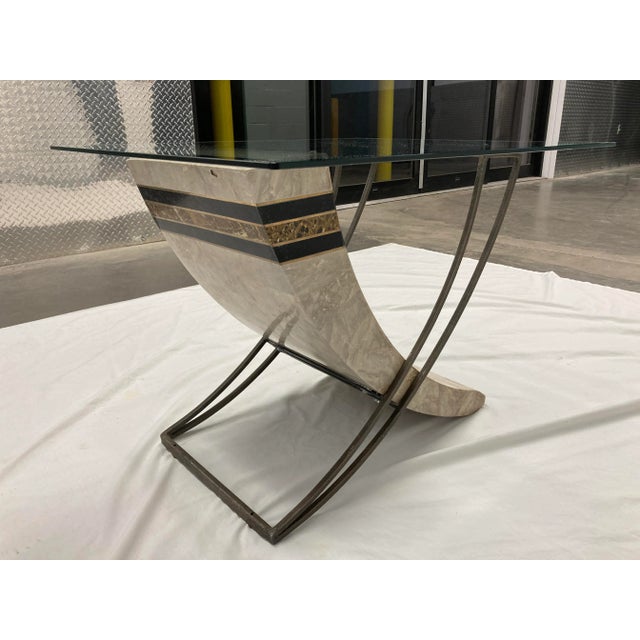 1980s 1980s Maitland-Smith Style Tessellated Stone and Iron Sculptural Base Glass Top Side End Table For Sale - Image 5 of 13