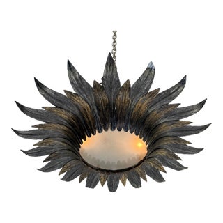 Spanish 1950s Sunburst Leaf Ceiling Fixture With Frosted Glass For Sale