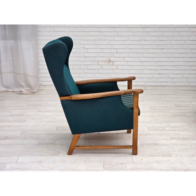 Danish Highback Armchair in Turkis-Green Wool and Oak Wood, 1970s For Sale - Image 13 of 18