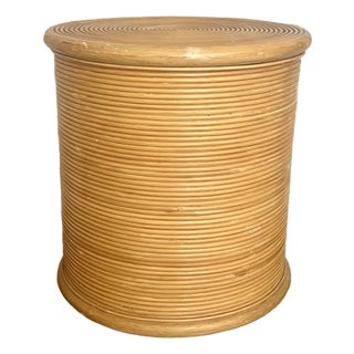 Vintage 1970s Boho-Chic Pencil Reed Rattan Sculptural Drum Side Table For Sale