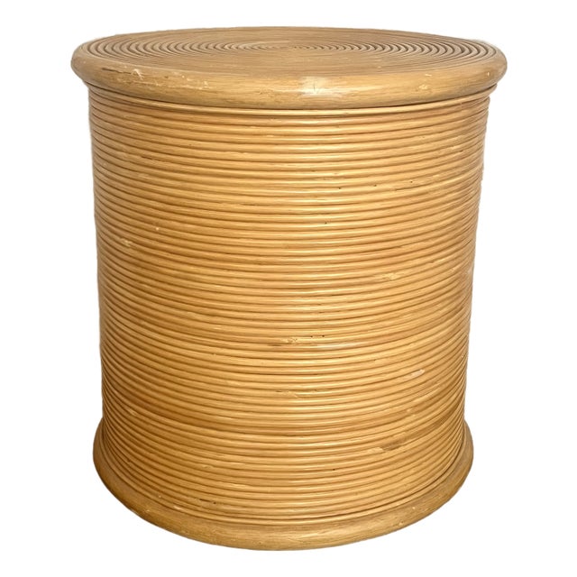 Vintage 1970s Boho-Chic Pencil Reed Rattan Sculptural Drum Side Table For Sale