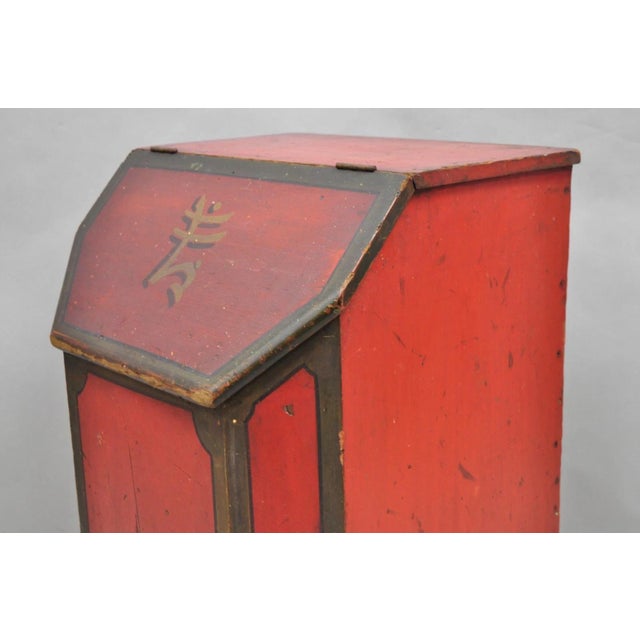 Antique British Colonial Red Painted Wooden Store Tea Coffee Bin W/ Asian Symbol For Sale - Image 14 of 17
