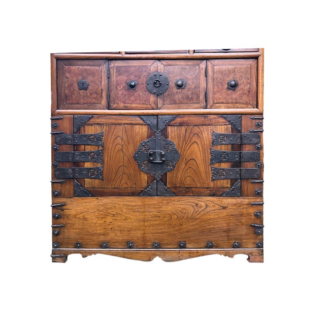 Asian Pattern Brown Black Hardware Drawers Accent Storage Cabinet For Sale - Image 4 of 13