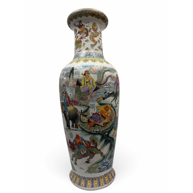 Monumental 47.5" Chinese Famille Rose "18 Luohans" Porcelain Floor Vase For Sale - Image 4 of 7