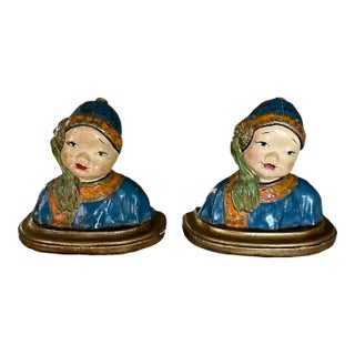 Antique Chinoiserie Hand Painted Polychrome Chalkware Bust Bookends, a Pair, Esther Hunt Attributed, Circa 1930 For Sale