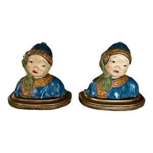 Antique Chinoiserie Hand Painted Polychrome Chalkware Bust Bookends, a Pair, Esther Hunt Attributed, Circa 1930