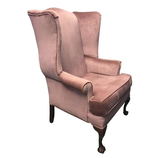 Vintage Mauve Velvet Upholstered Wingback Chair With Wood Claw Feet