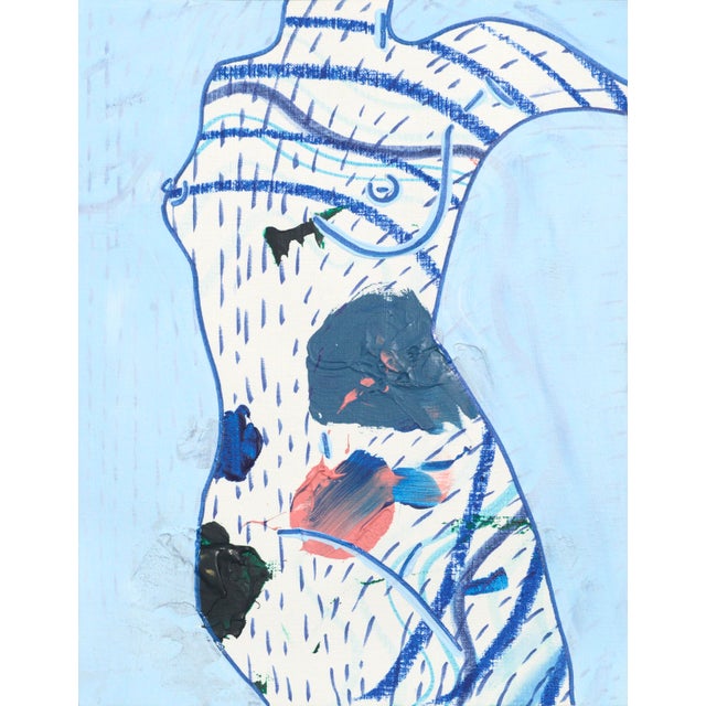 Contemporary figurative abstract on paper, with female nude torso line drawing in blue filled with minimalist abstract...