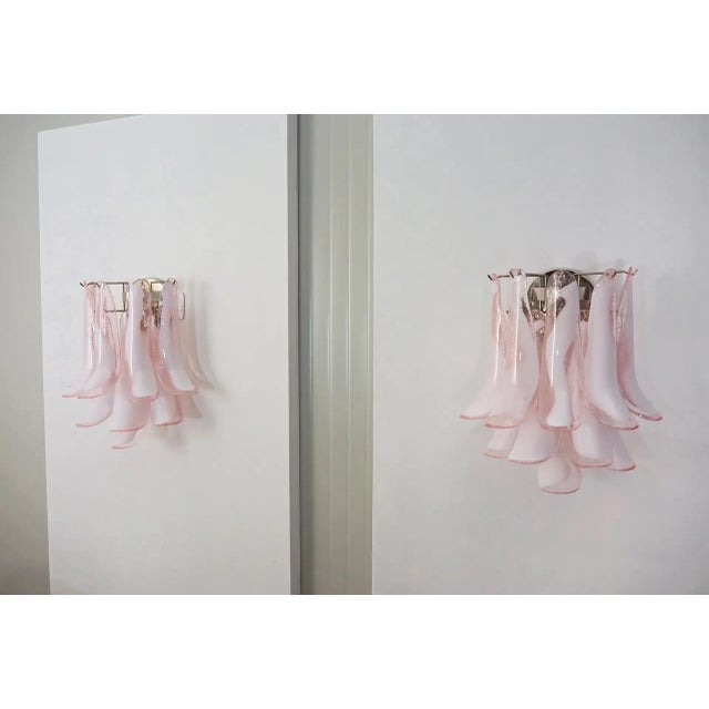 Murano Pair of Italian Murano Wall Lights Mazzega – 10 Pink Lattimo Glass Petals For Sale - Image 4 of 12