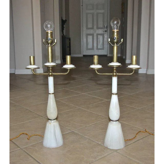 Gio Ponti Italian Gio Ponti Style Alabaster Brass Lamps - a Pair For Sale - Image 4 of 13