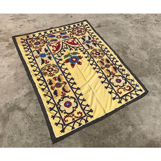 Folk Art Handmade Yellow Suzani Textile For Sale - Image 3 of 7