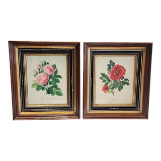 Antique Floral Prints in Mother of Pearl Inlay Wooden Frames - A Pair For Sale