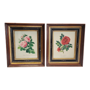 Antique Floral Prints in Mother of Pearl Inlay Wooden Frames - A Pair