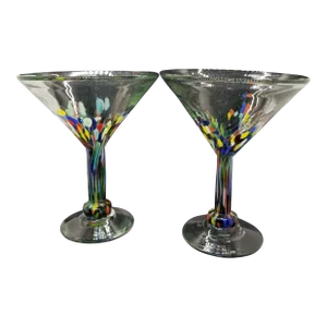 Vintage Mexican Hand Blown Multi Colored Confetti Martini/Margarita Glasses (Set of 2)