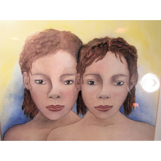 Vintage Original Painting Watercolor + Pen Twin Girls For Sale - Image 4 of 7