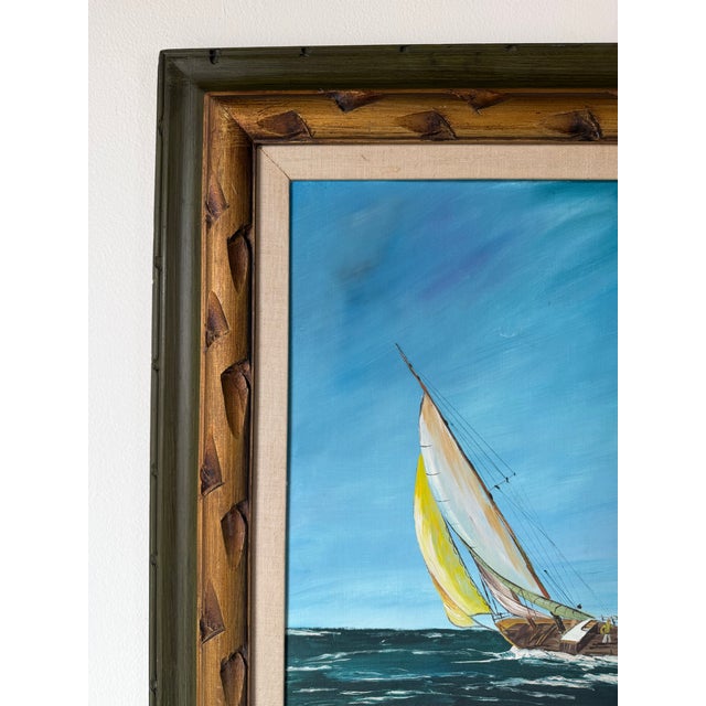 Wood Vintage Sailboat Seascape Oil Painting on Board – Framed For Sale - Image 7 of 15