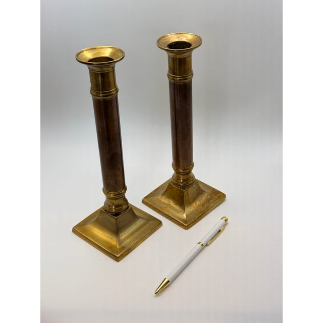 Modern Vintage Neiman Marcus Brass & Copper Column Candlesticks – A Pair For Sale - Image 3 of 6