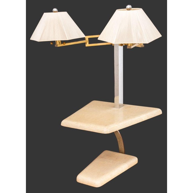 Enrique Garcel Tessellated Bone Lamp Table, mounted with double swing arm lamps. 53" H x 30" W x 29" D. Provenance: From a...