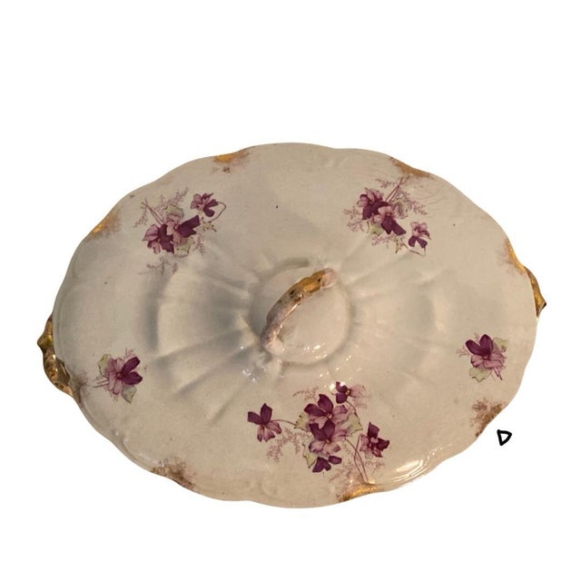 Early 20th Century Vintage Covered Serving Dish and Platter With Purple Violets. Crazed, Stained, Chipped. For Sale - Image 5 of 11