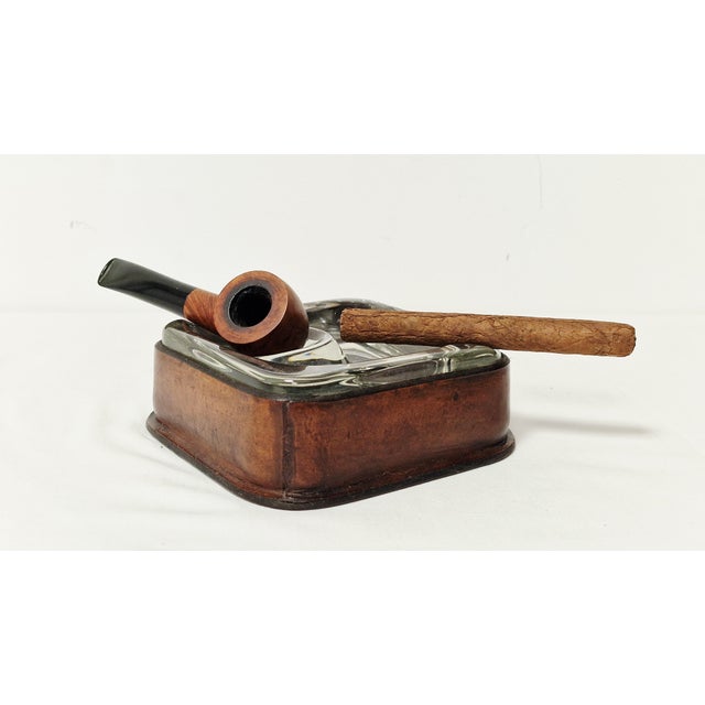 Mid-Century Leather and Glass Ashtray for Cigars and Pipes, Italy, 1970s, in Flawless conditions. Designed 1970 to 1979
